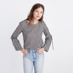 Madewell Gingham Lace-Up Bell-Sleeve Top